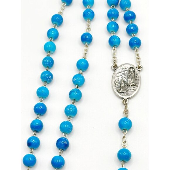 Turquoise Blue & Silvertone Italy Pray For Us Rosary 18” - Picture 5 of 7